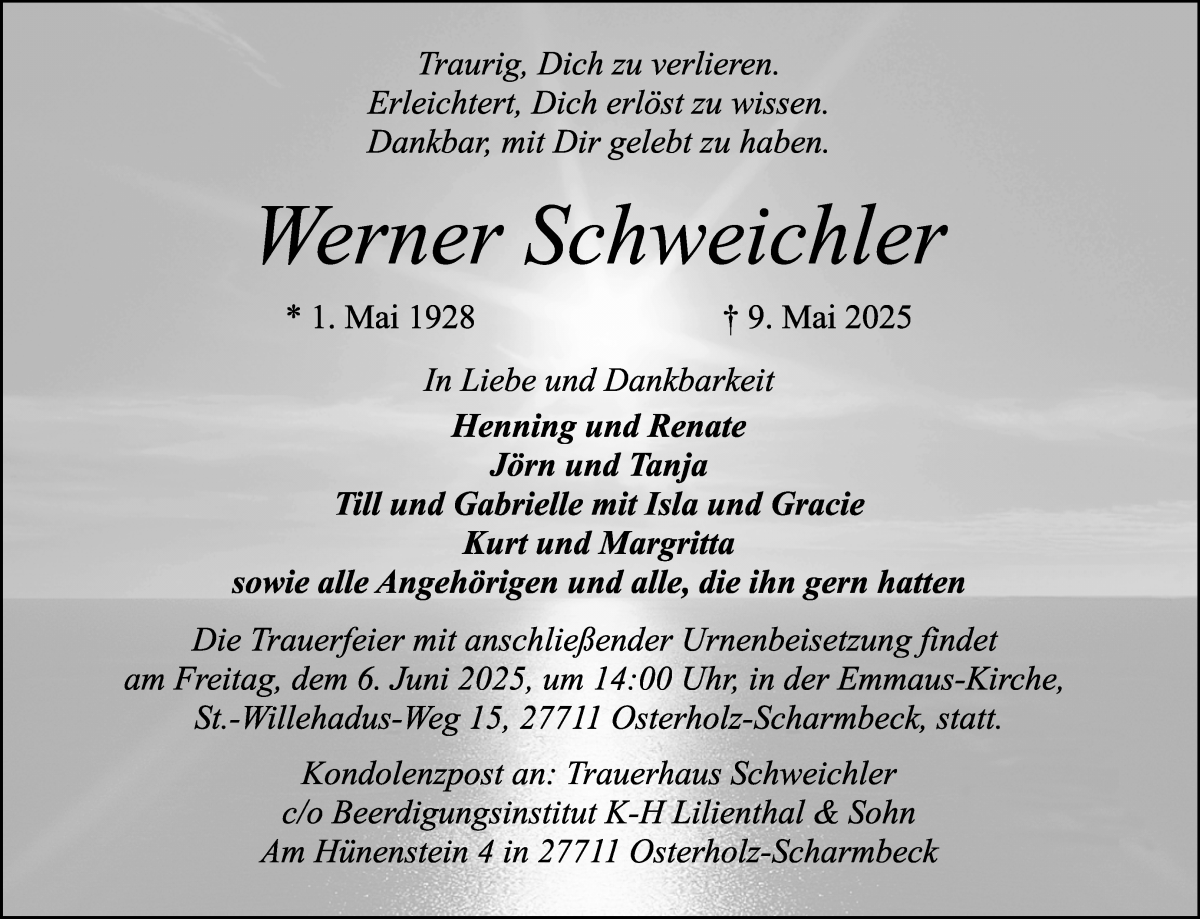 Traueranzeige von Werner Schweichler von Osterholzer Kreisblatt