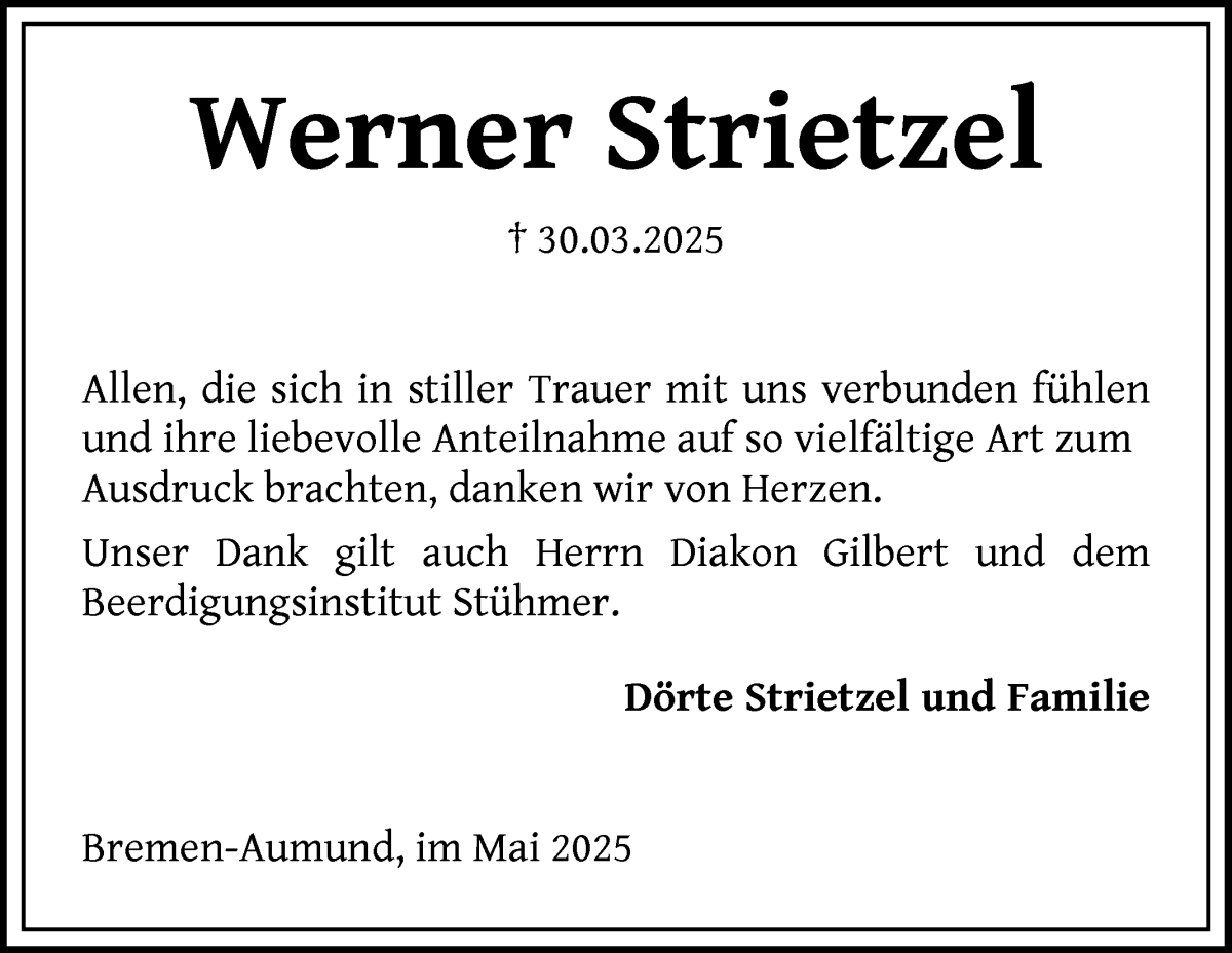 Traueranzeige von Werner Strietzel von Die Norddeutsche