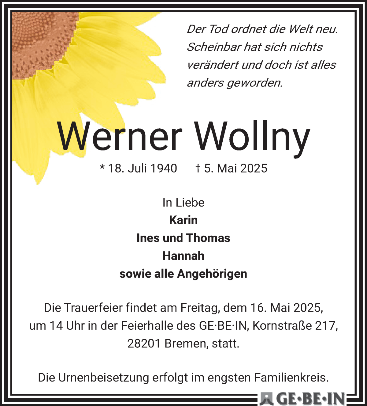 Traueranzeige von Werner Wollny von WESER-KURIER