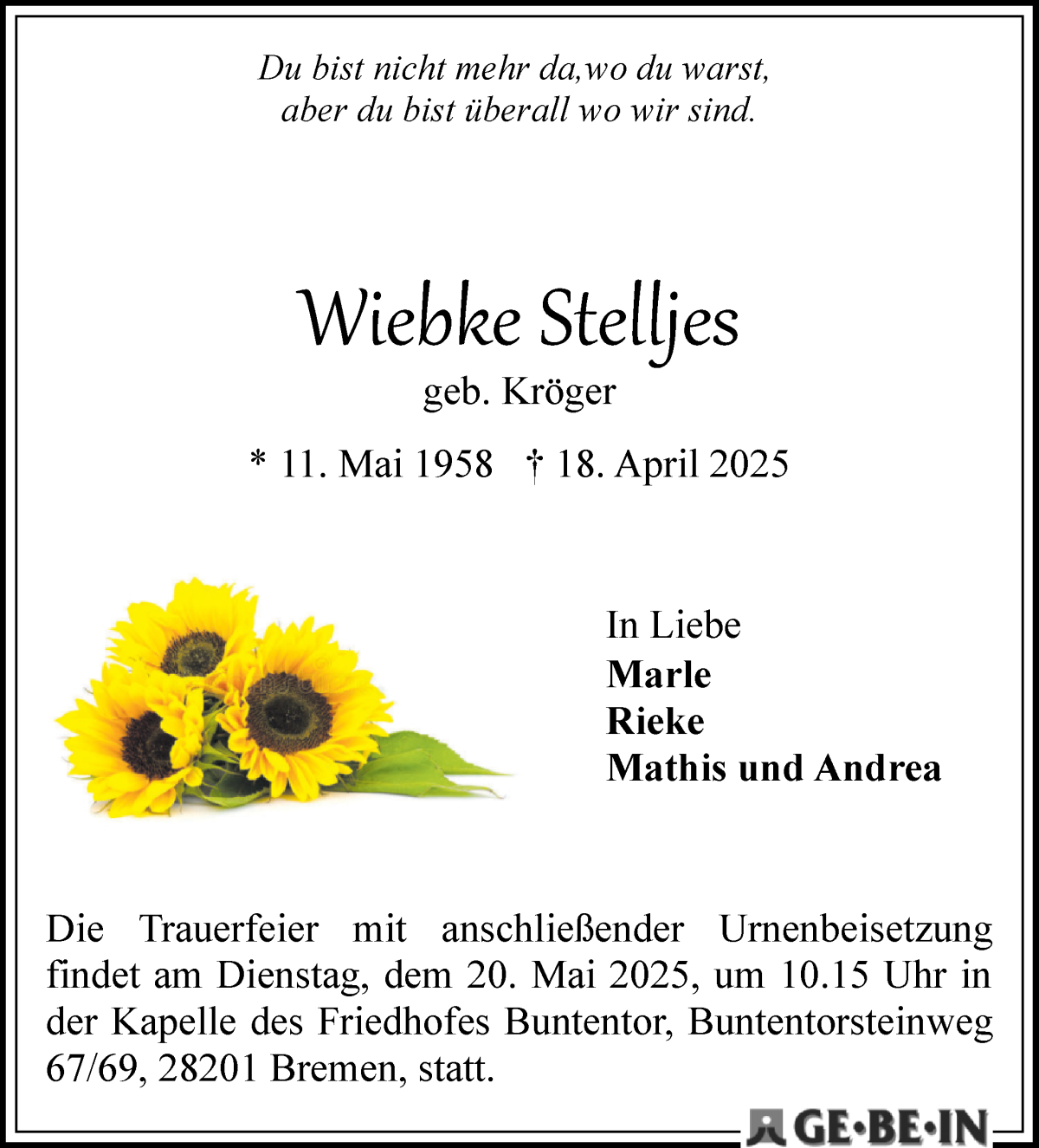 Traueranzeige von Wiebke Stelljes von WESER-KURIER