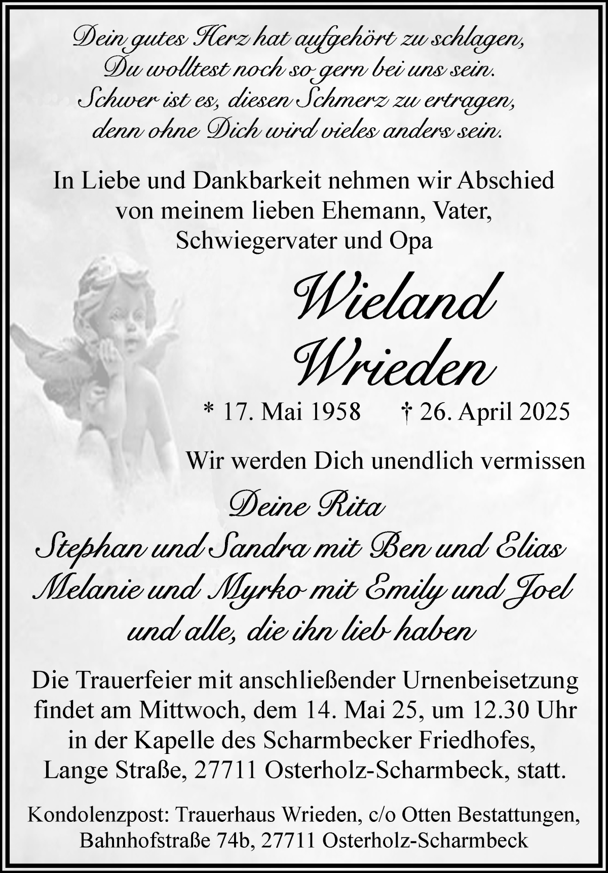 Traueranzeige von Wieland Wrieden von Osterholzer Kreisblatt