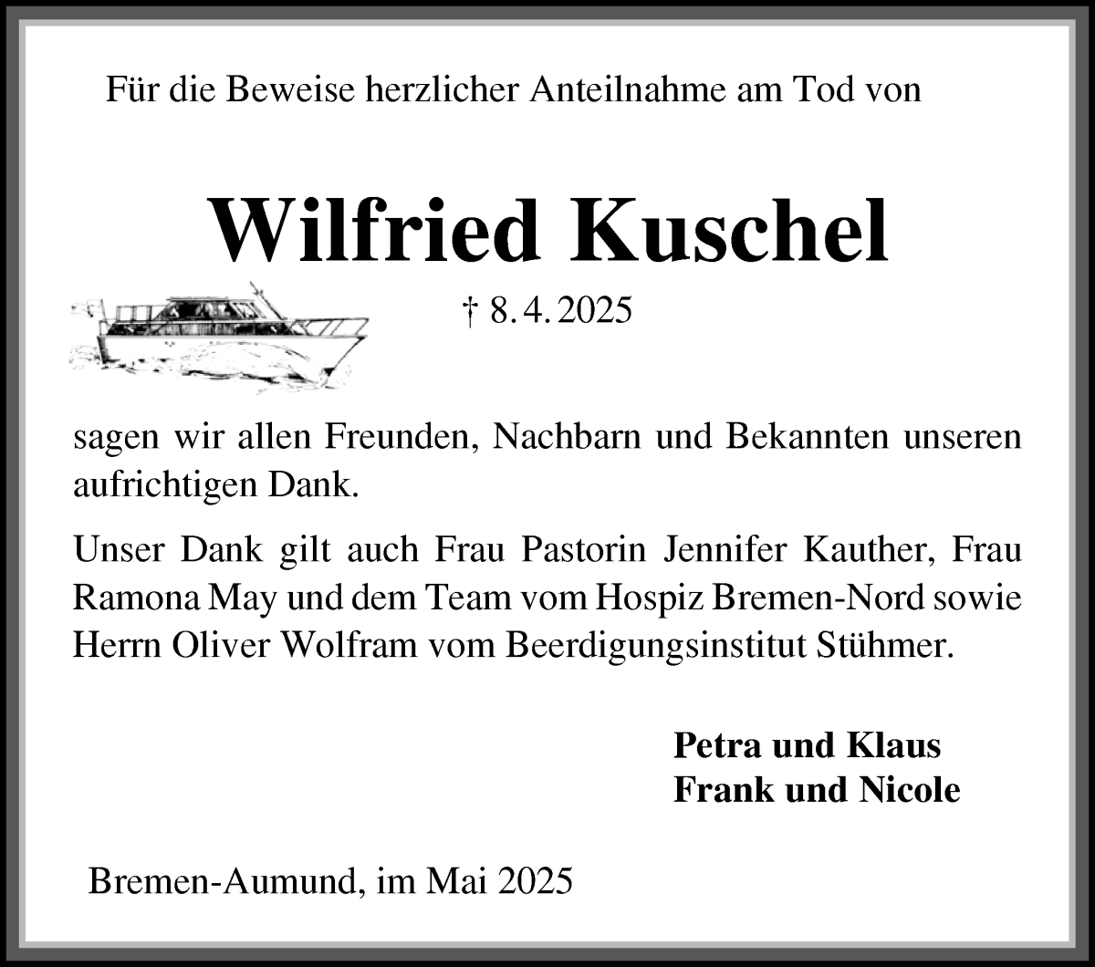 Traueranzeige von Wilfried Kuschel von Die Norddeutsche