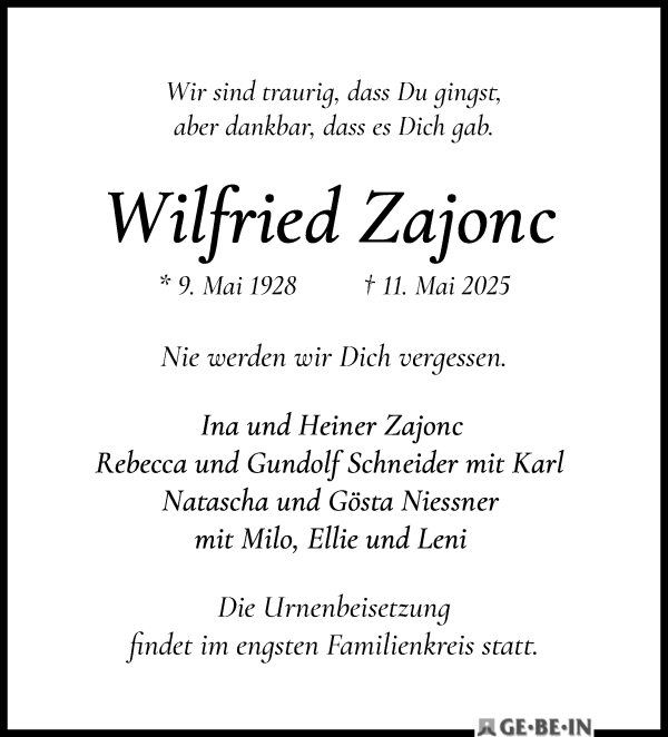 Traueranzeige von Wilfried Zajonc von WESER-KURIER