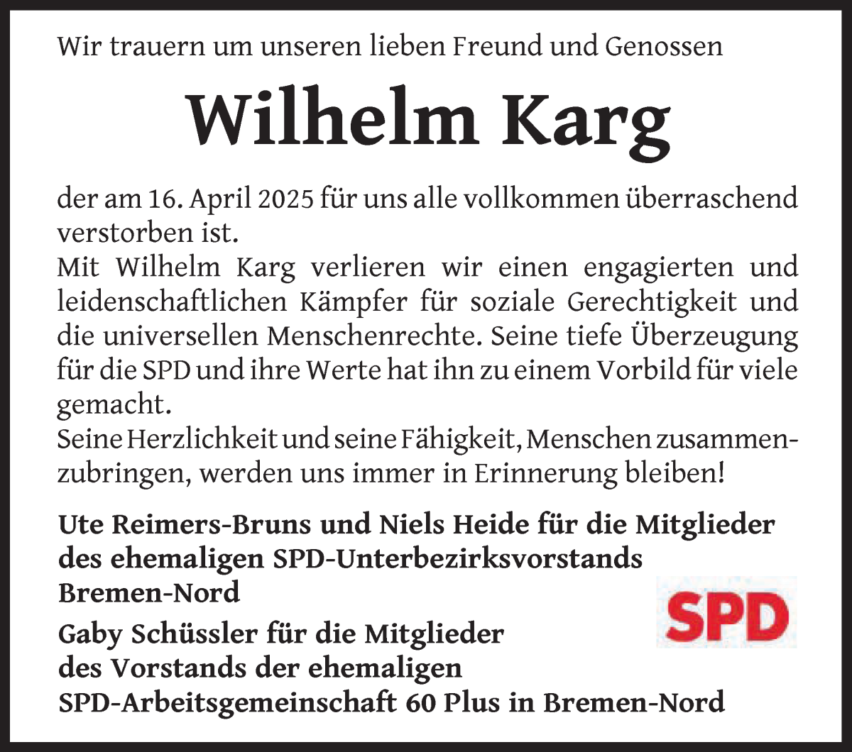 Traueranzeige von Wilhelm Karg von Die Norddeutsche
