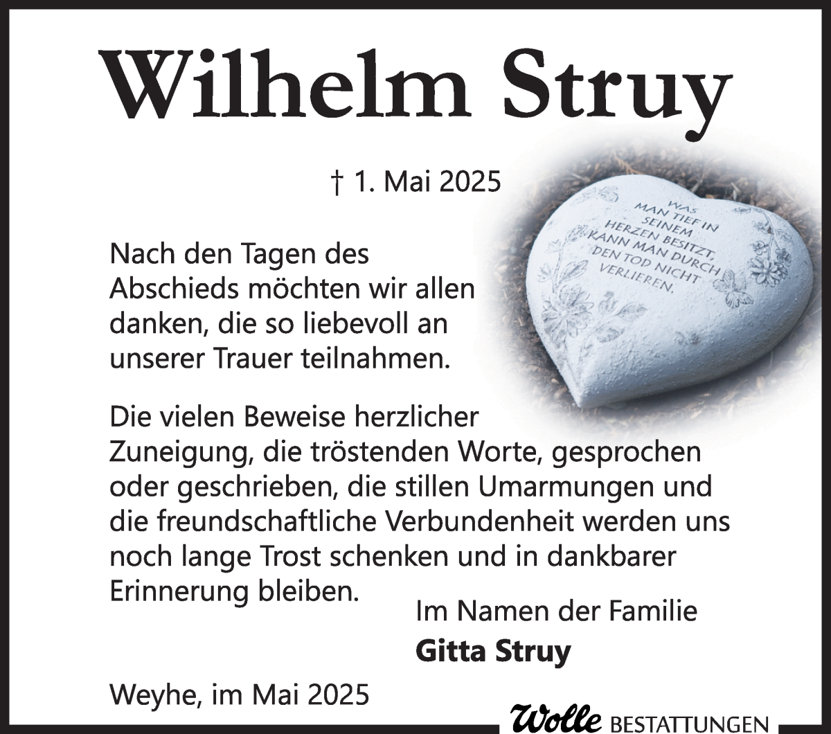 Traueranzeige von Wilhelm Struy von Regionale Rundschau/Syker Kurier