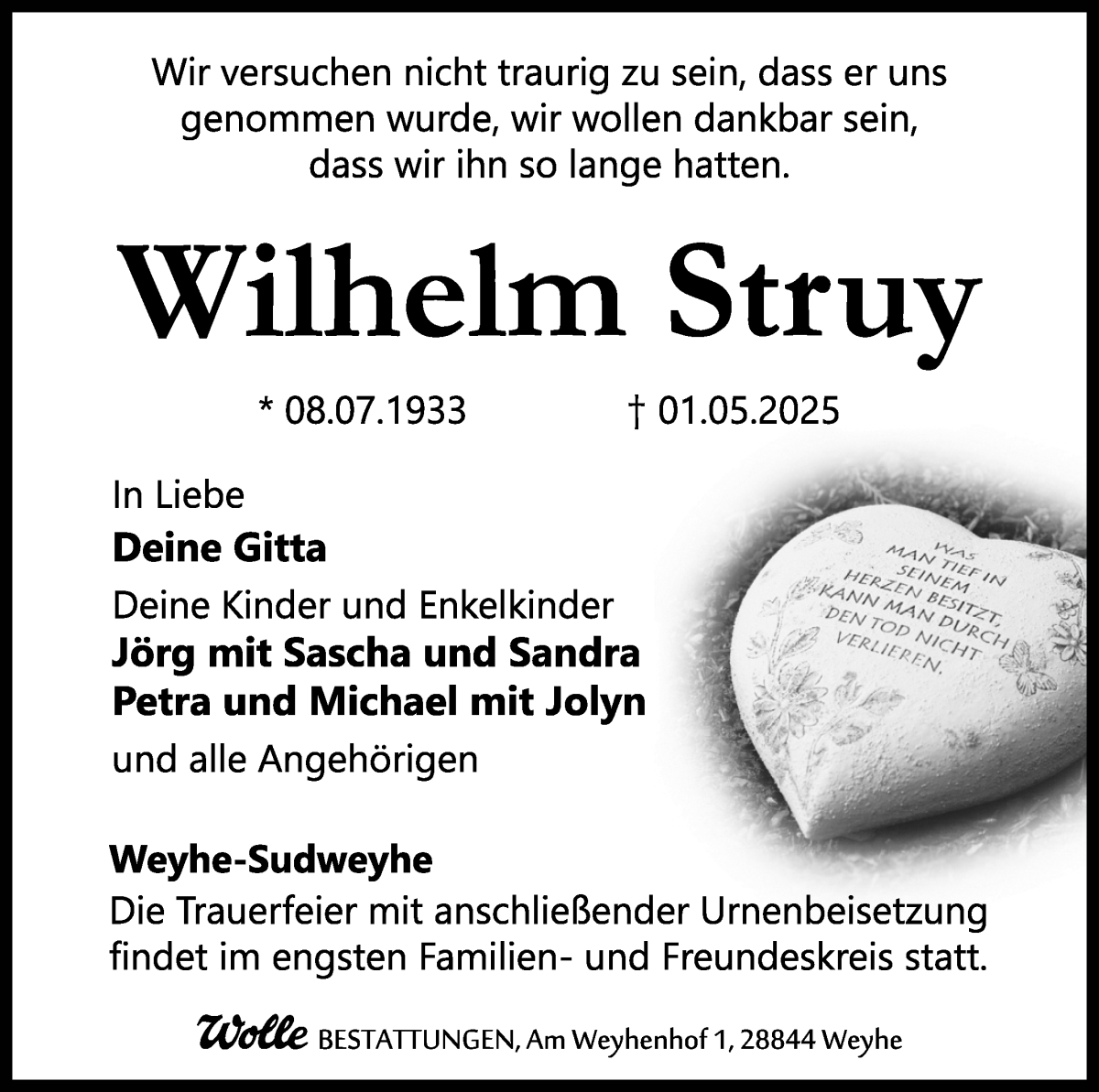 Traueranzeige von Wilhelm Struy von Regionale Rundschau/Syker Kurier