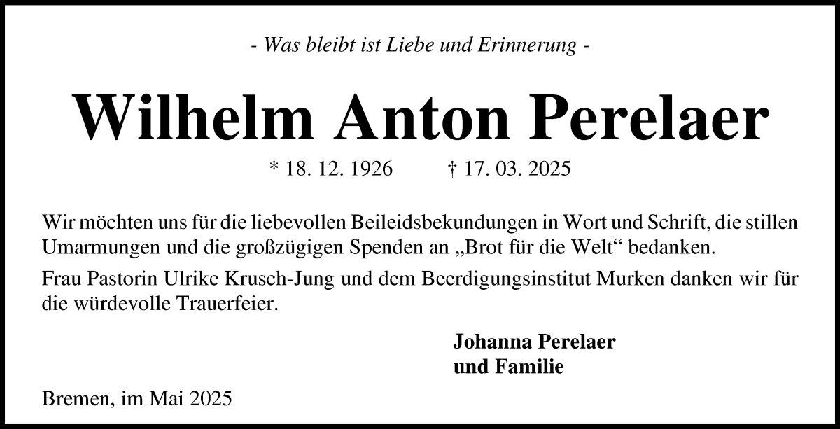 Traueranzeige von Wilhelm Anton Perelaer von WESER-KURIER
