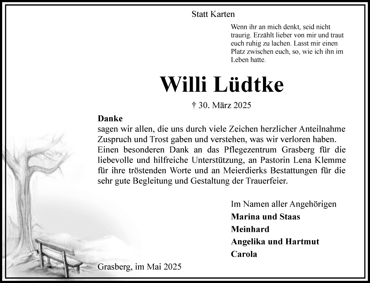 Traueranzeige von Willi Lüdtke von Wuemme Zeitung