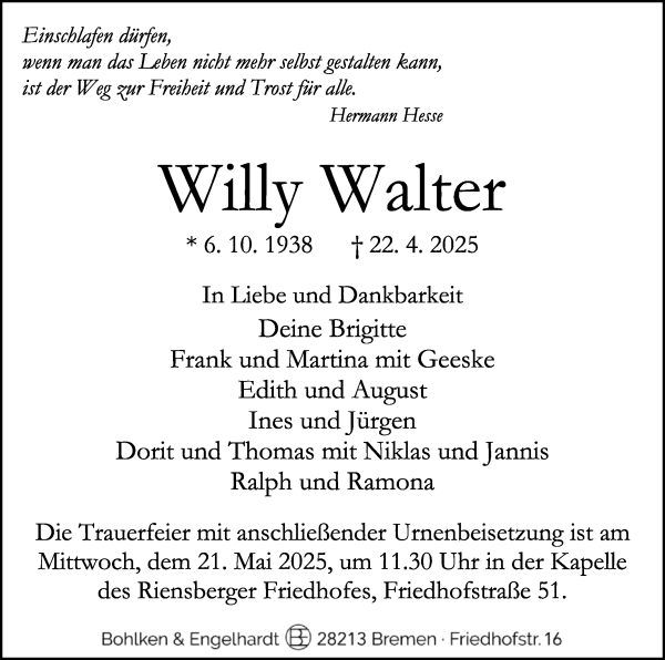 Traueranzeige von Willy Walter von WESER-KURIER