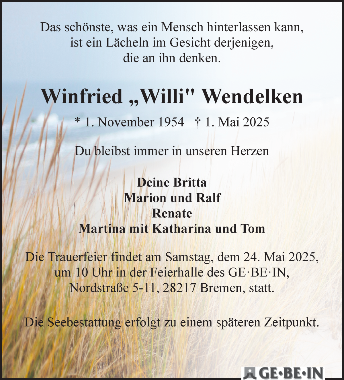 Traueranzeige von Winfried  Wendelken von WESER-KURIER