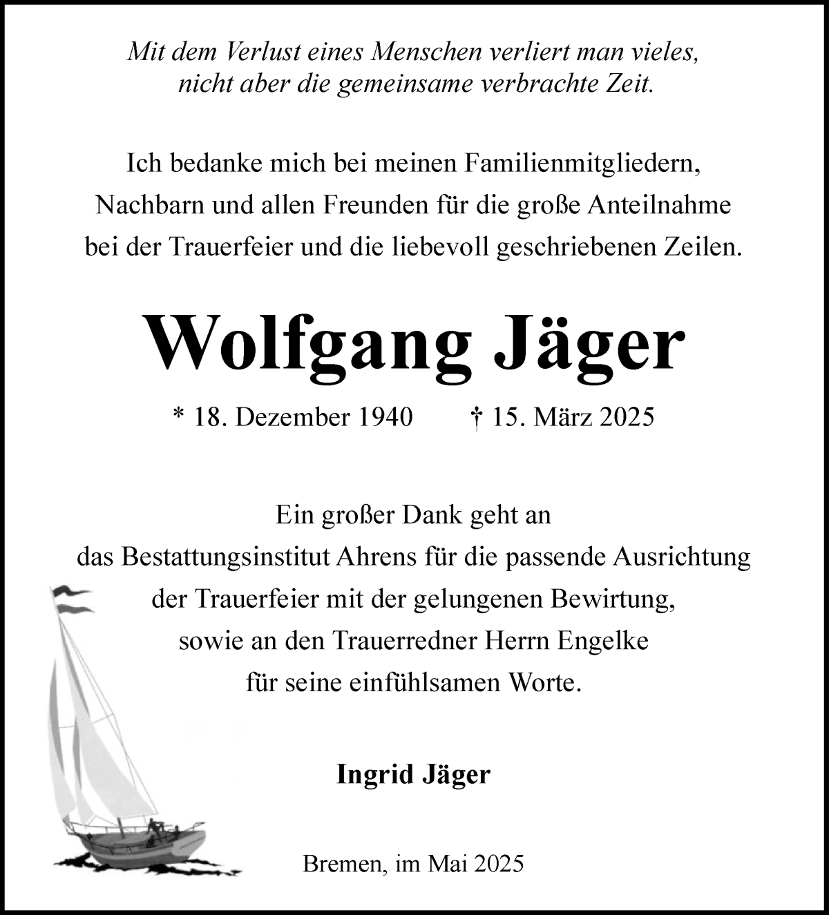 Traueranzeige von Wolfgang Jäger von WESER-KURIER