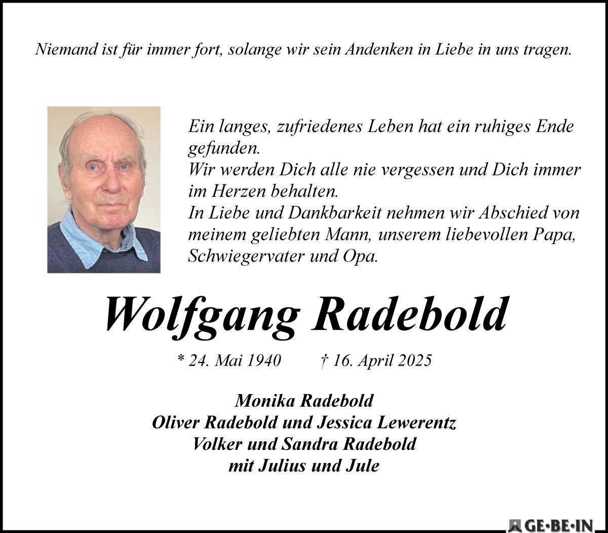 Traueranzeige von Wolfgang Radebold von WESER-KURIER