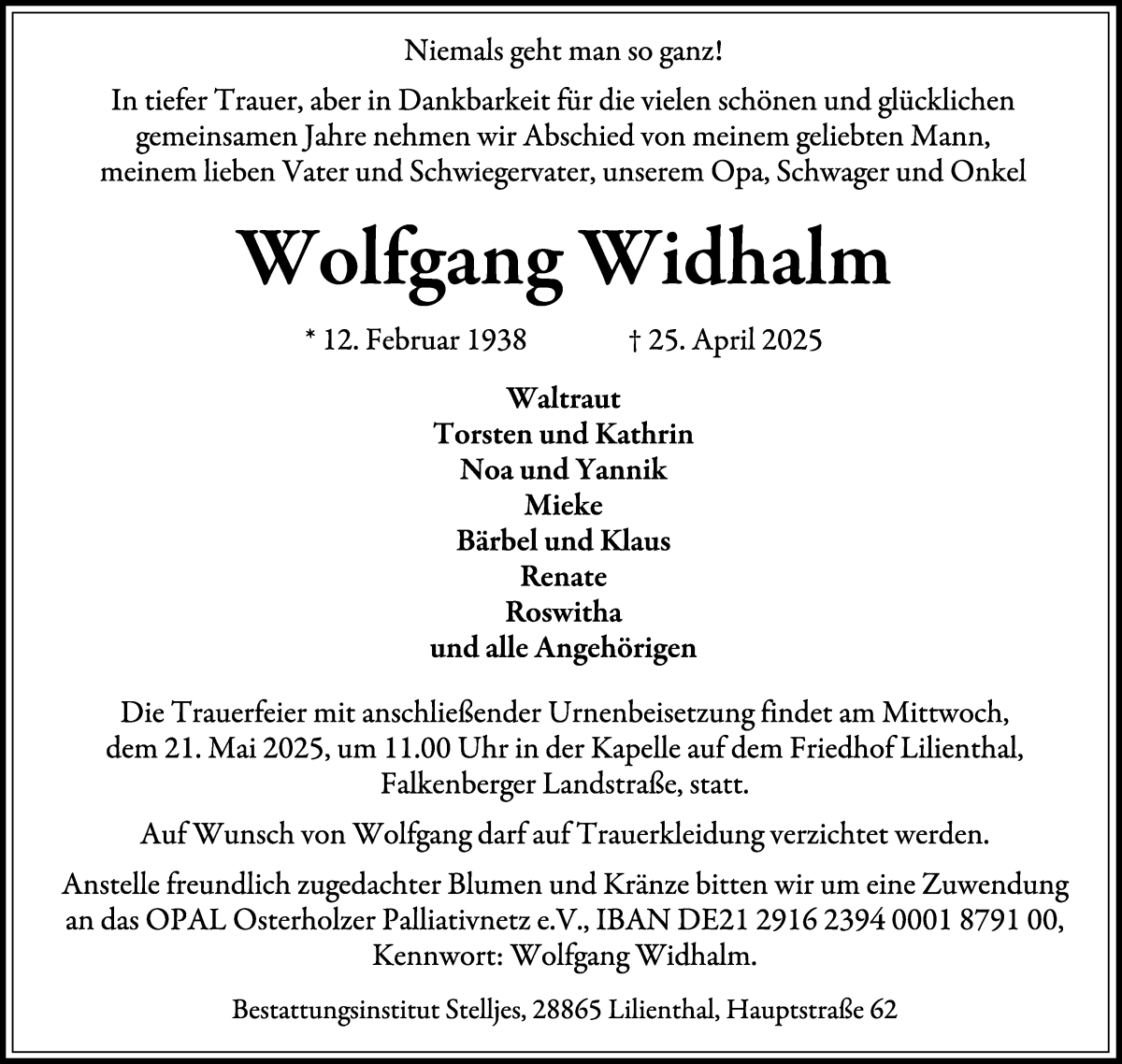 Traueranzeige von Wolfgang Widhalm von Wuemme Zeitung