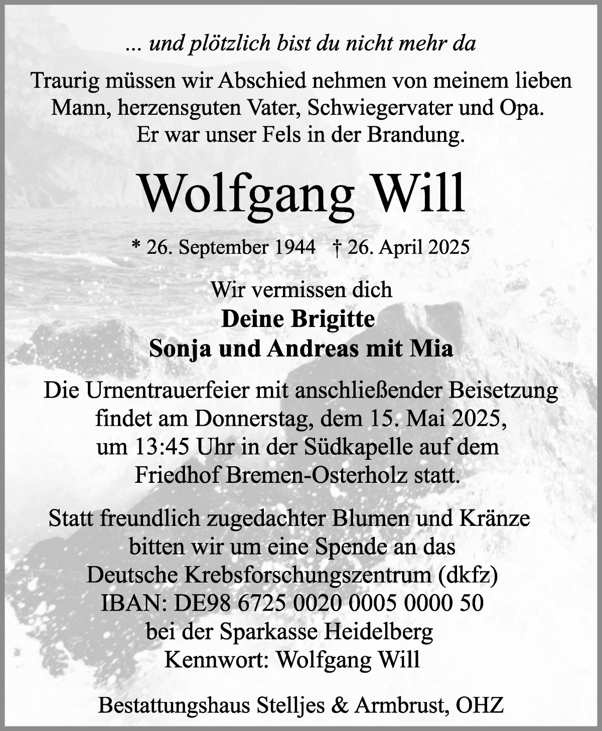 Traueranzeige von Wolfgang Will von Osterholzer Kreisblatt