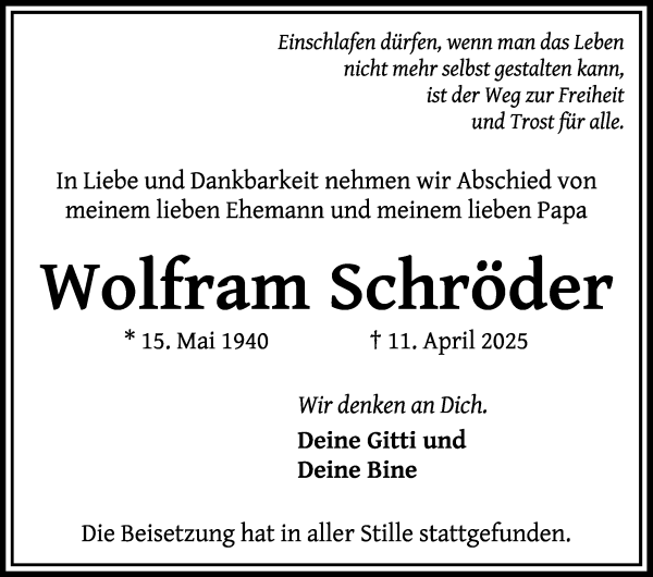 Traueranzeige von Wolfram Schröder von WESER-KURIER