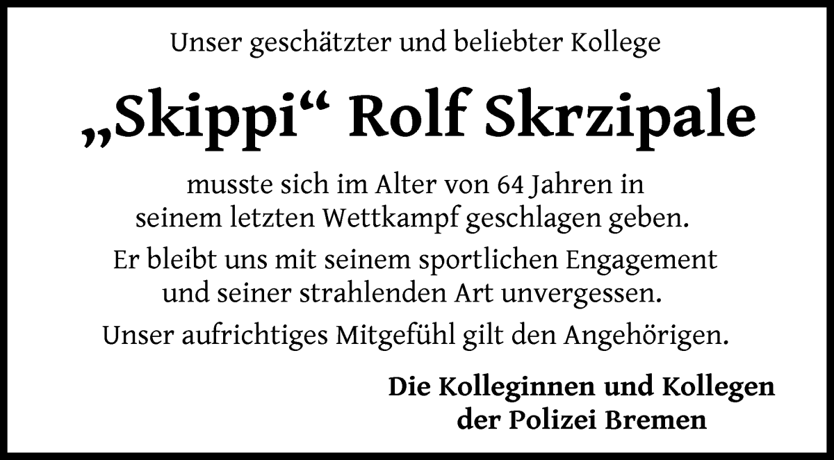Traueranzeige von „Skippi“ Rolf Skrzipale von WESER-KURIER
