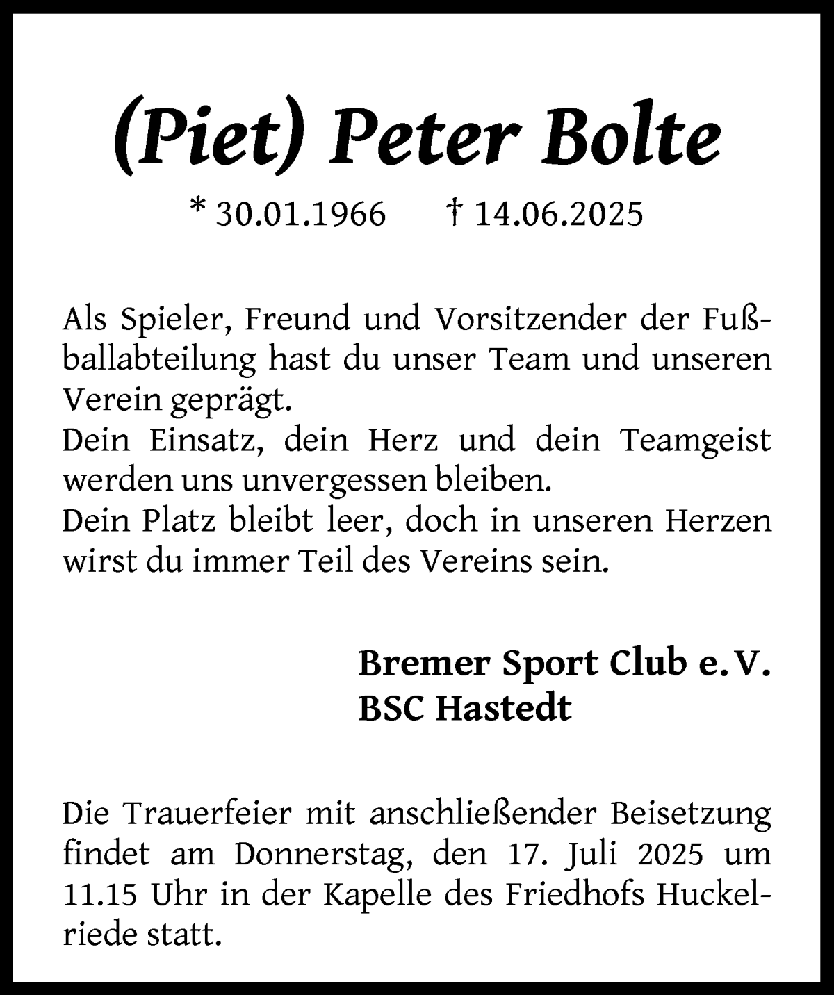 Traueranzeige von (Piet) Peter Bolte von WESER-KURIER