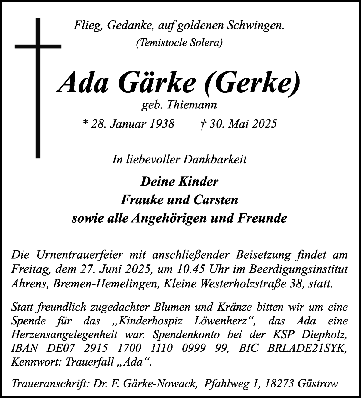 Traueranzeige von Ada Gärke von WESER-KURIER