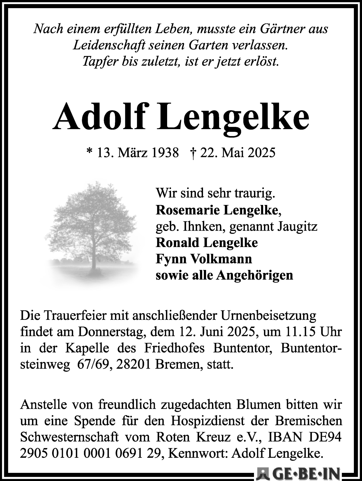 Traueranzeige von Adolf Lengelke von WESER-KURIER