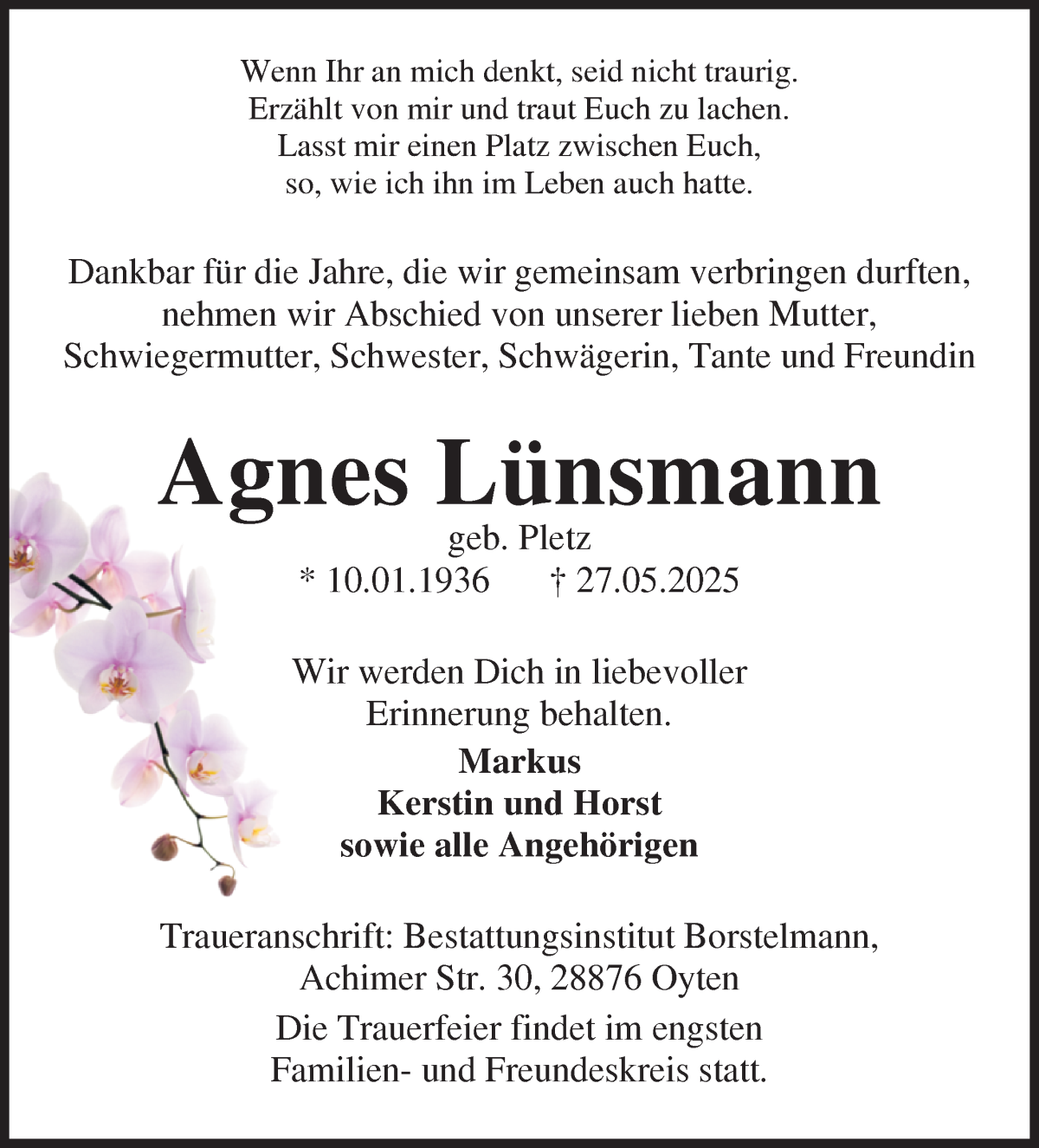 Traueranzeige von Agnes Lünsmann von WESER-KURIER