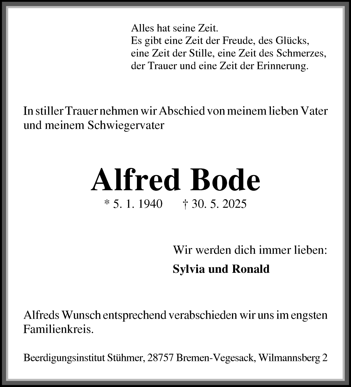 Traueranzeige von Alfred Bode von Die Norddeutsche