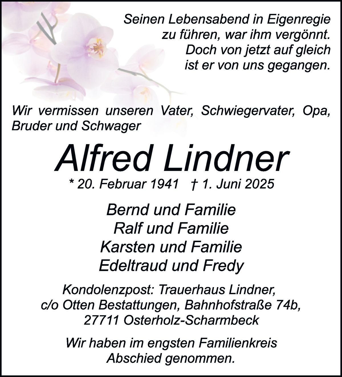 Traueranzeige von Alfred Lindner von WESER-KURIER