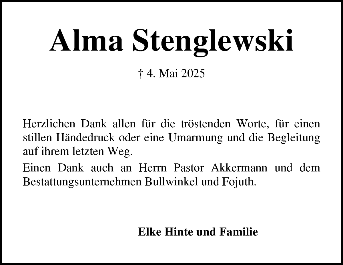 Traueranzeige von Alma Stenglewski von Die Norddeutsche