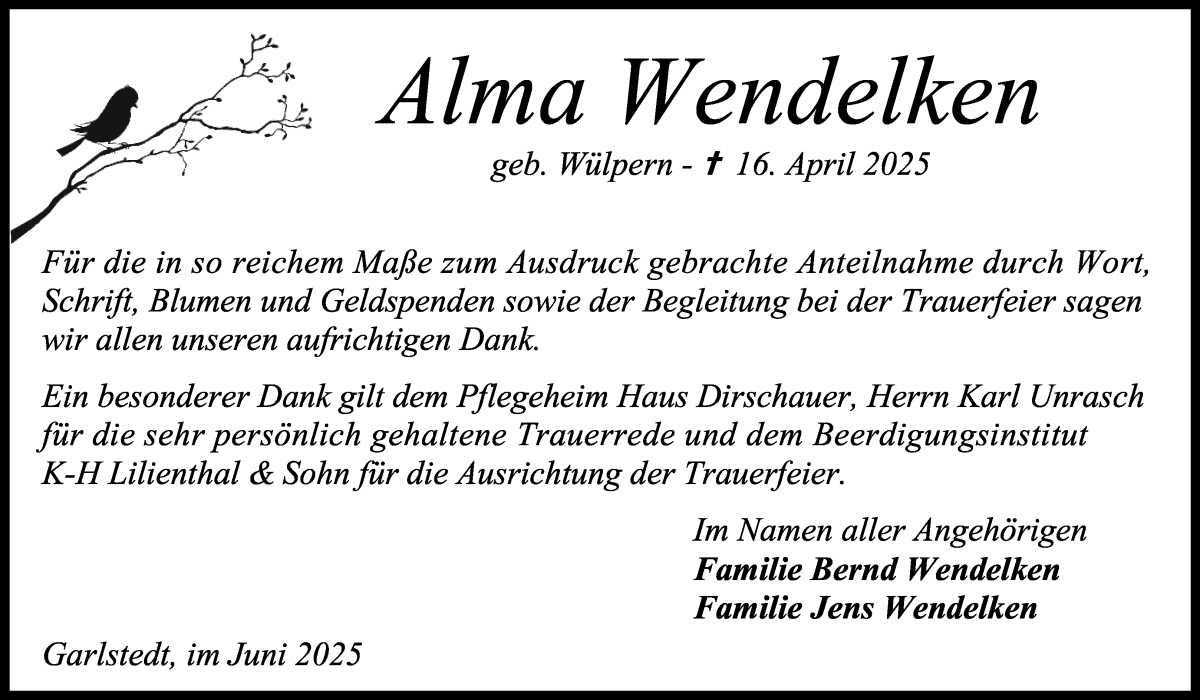 Traueranzeige von Alma Wendelken von Osterholzer Kreisblatt