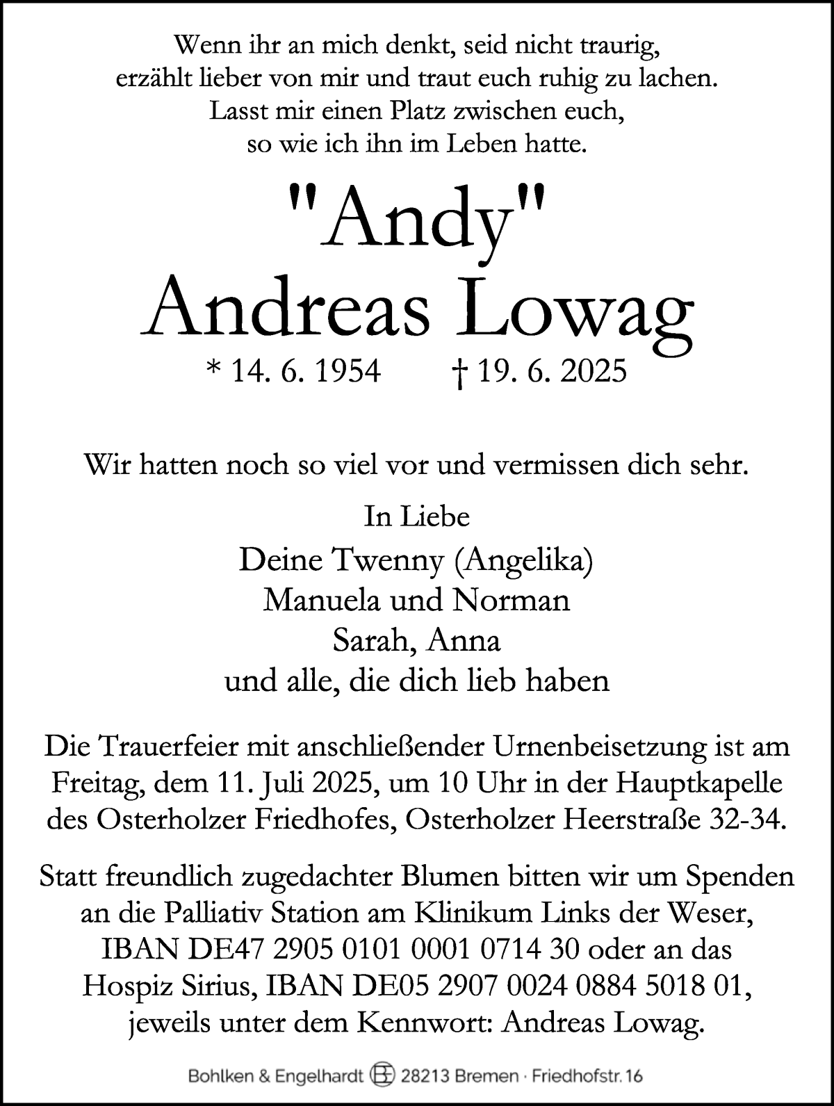 Traueranzeige von Andreas Lowag von WESER-KURIER