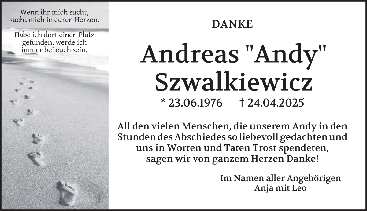 Traueranzeige von Andreas Andy Szwalkiewicz von Die Norddeutsche