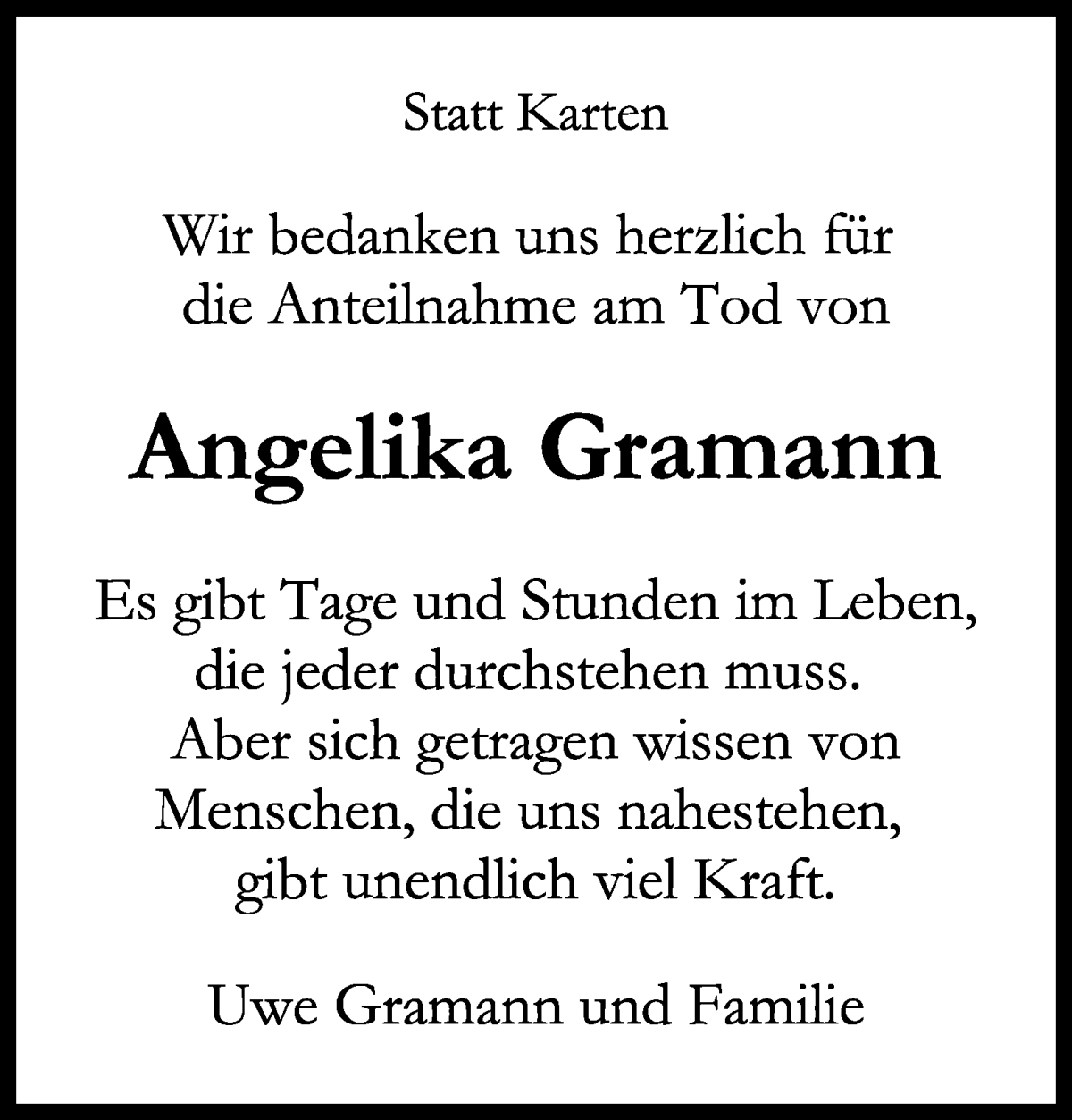 Traueranzeige von Angelika Gramann von Wuemme Zeitung