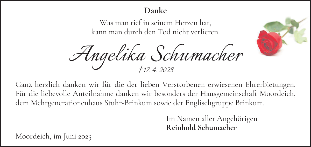 Traueranzeige von Angelika Schumacher von WESER-KURIER