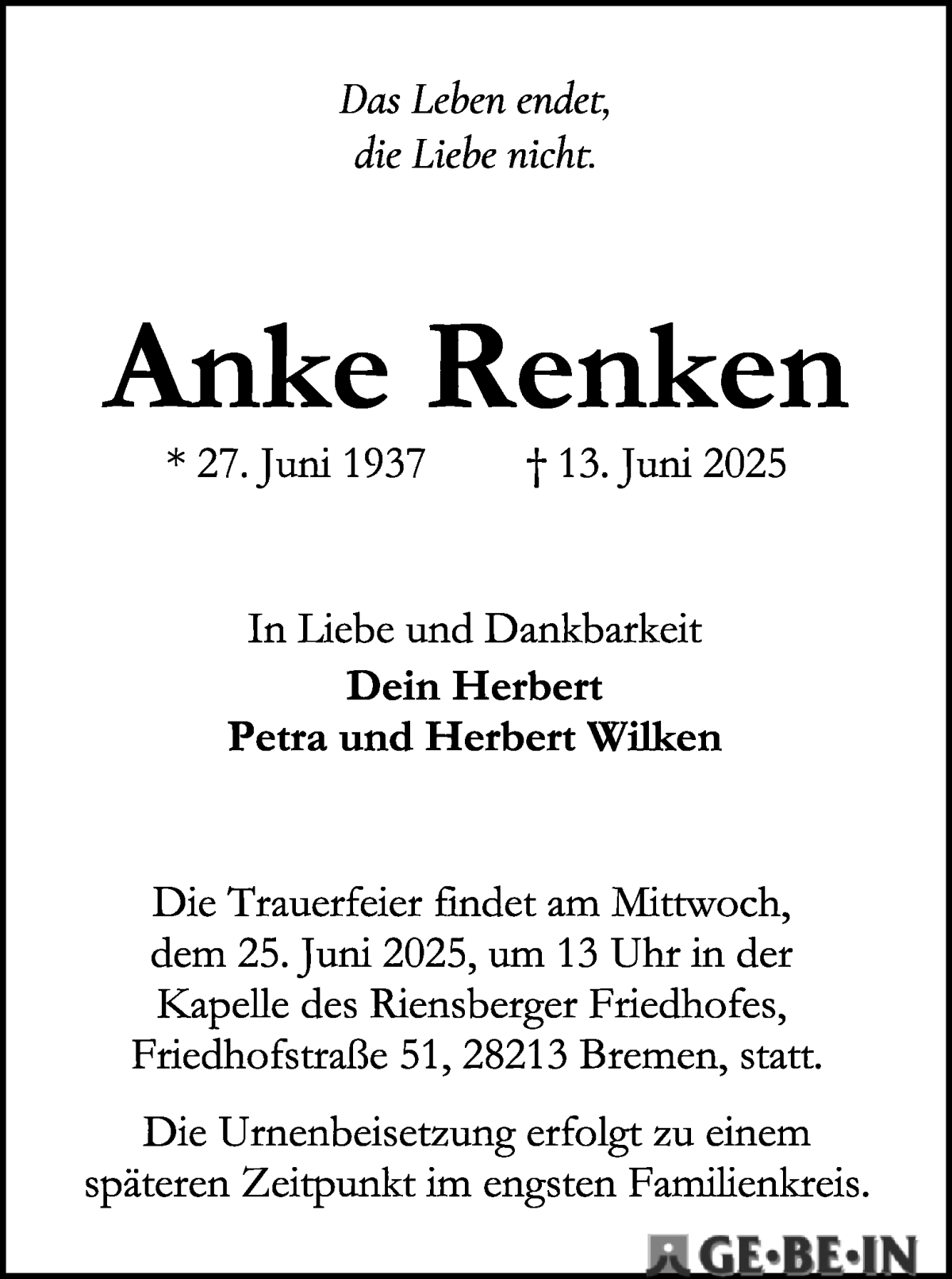 Traueranzeige von Anke Renken von WESER-KURIER