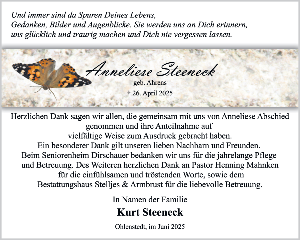 Traueranzeige von Anneliese Steeneck von Osterholzer Kreisblatt