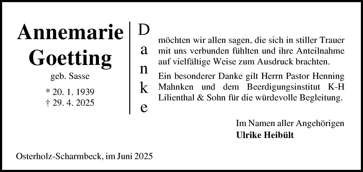 Traueranzeige von Annemarie Goetting von Osterholzer Kreisblatt