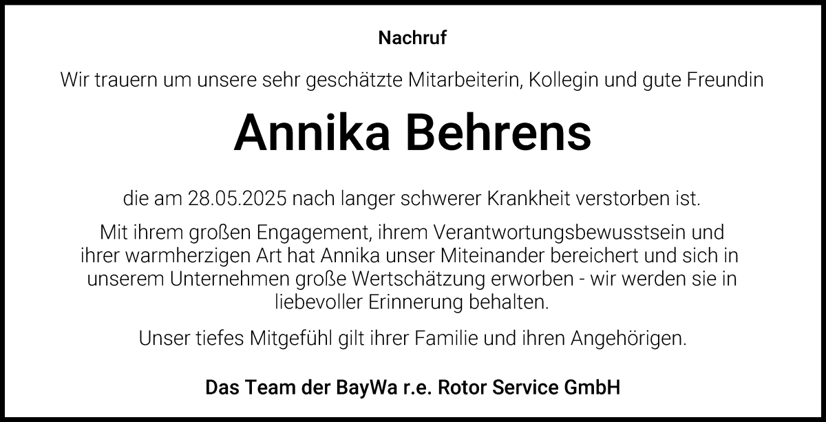 Traueranzeige von Annika Behrens von Osterholzer Kreisblatt