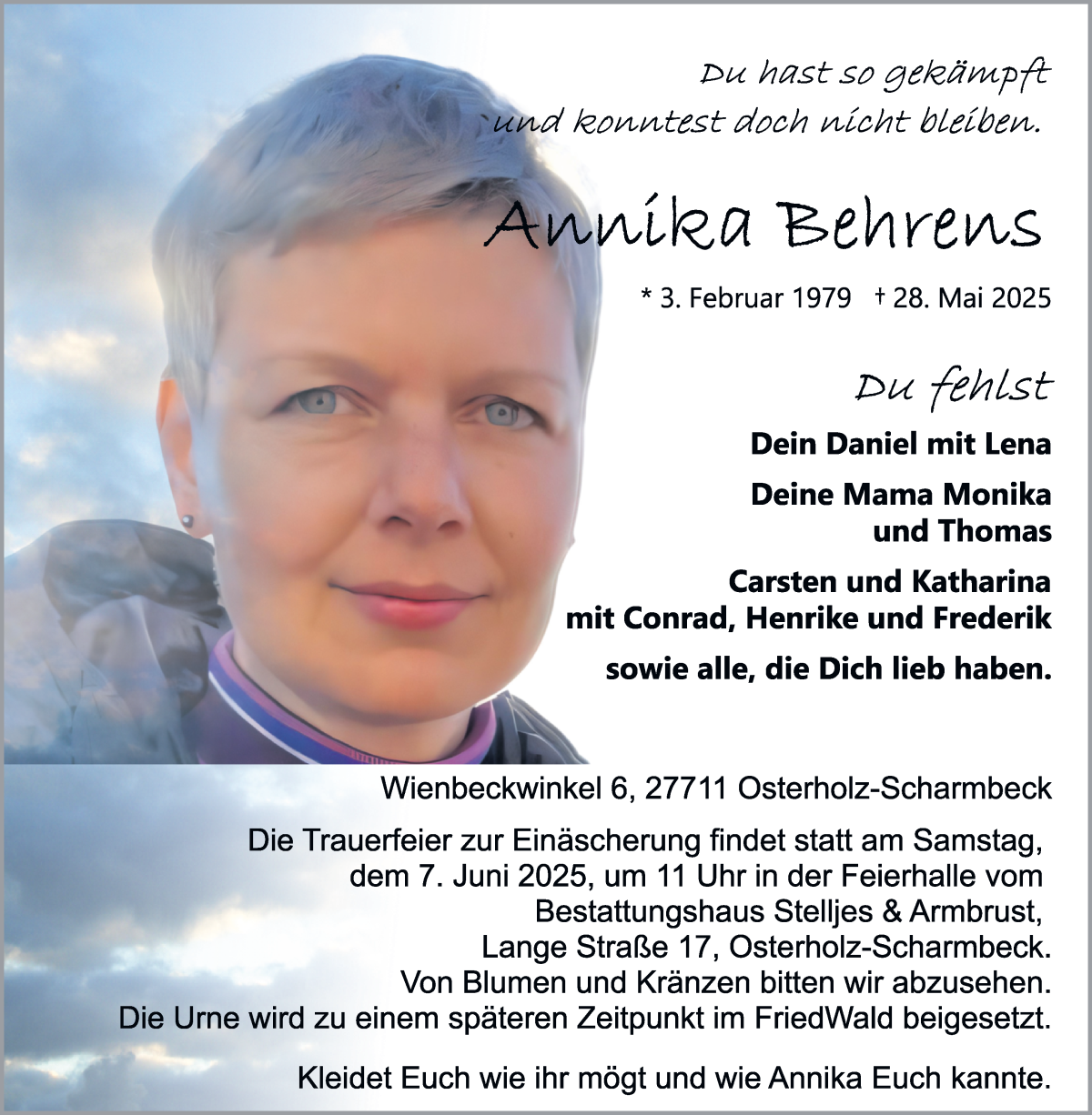 Traueranzeige von Annika Behrens von Osterholzer Kreisblatt
