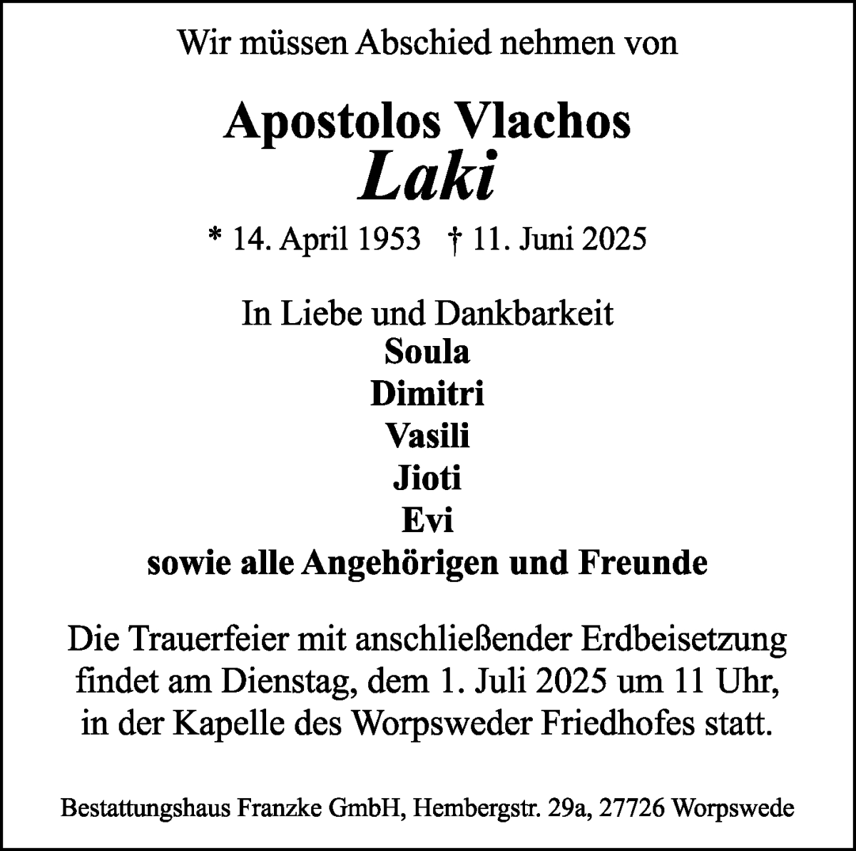 Traueranzeige von Apostolos Vlachos von Wuemme Zeitung