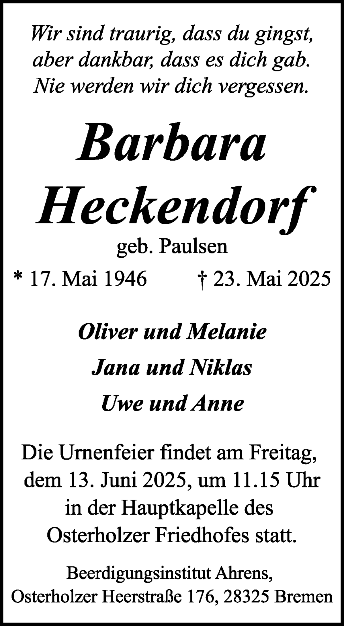 Traueranzeige von Barbara Heckendorf von WESER-KURIER