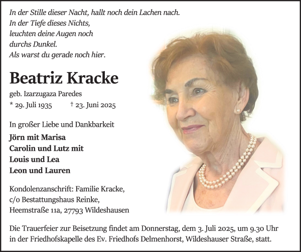 Traueranzeige von Beatriz Kracke von WESER-KURIER