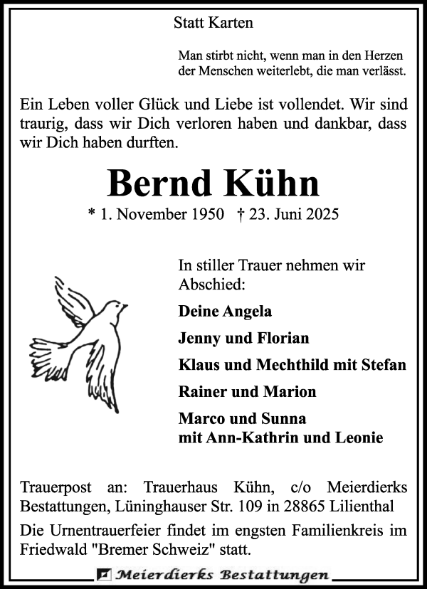 Traueranzeige von Bernd Kühn von Wuemme Zeitung