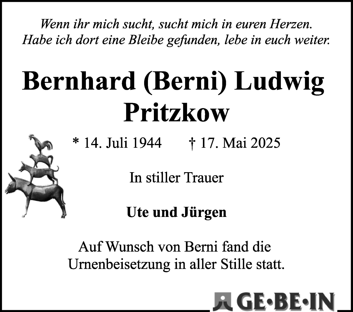 Traueranzeige von Bernhard Ludwig Pritzkow von WESER-KURIER