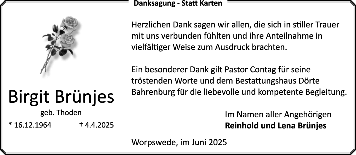 Traueranzeige von Birgit Brünjes von Wuemme Zeitung