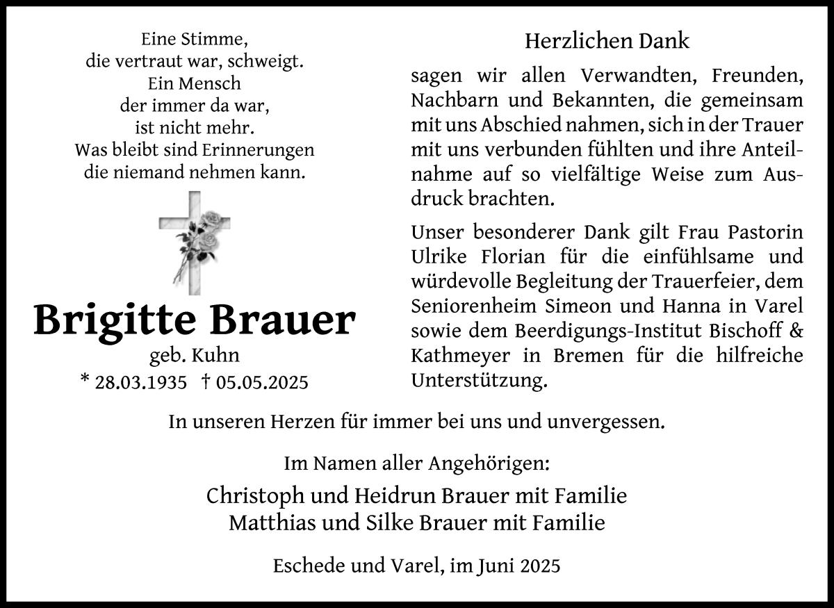 Traueranzeige von Brigitte Brauer von Die Norddeutsche