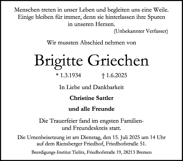 Traueranzeige von Brigitte Griechen von WESER-KURIER