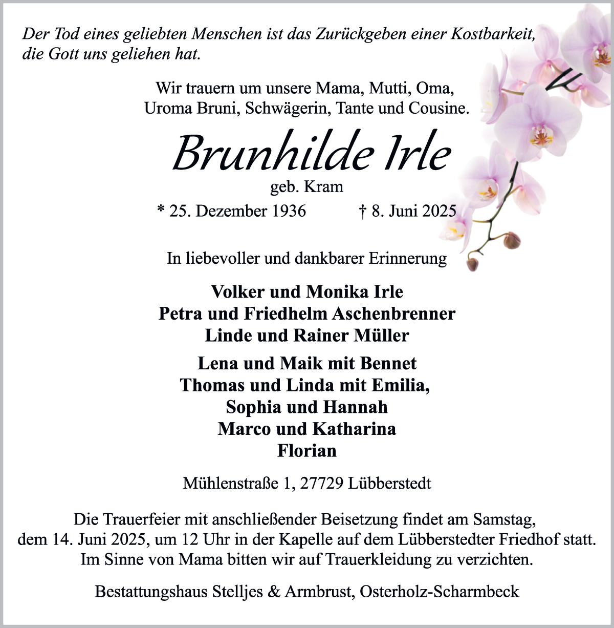 Traueranzeige von Brunhilde Irle von Osterholzer Kreisblatt