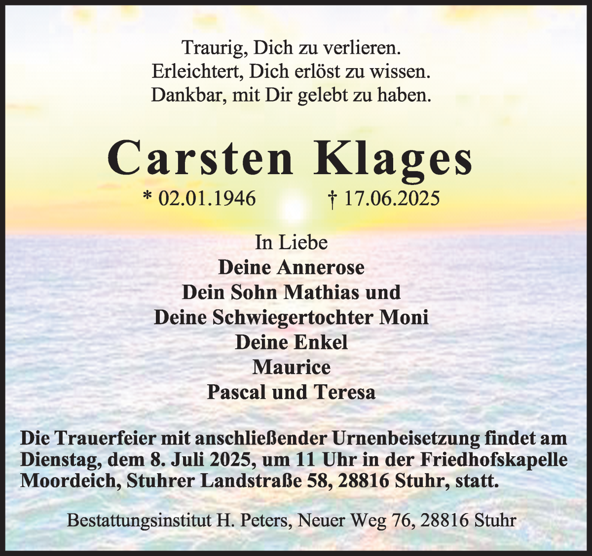 Traueranzeige von Carsten Klages von WESER-KURIER