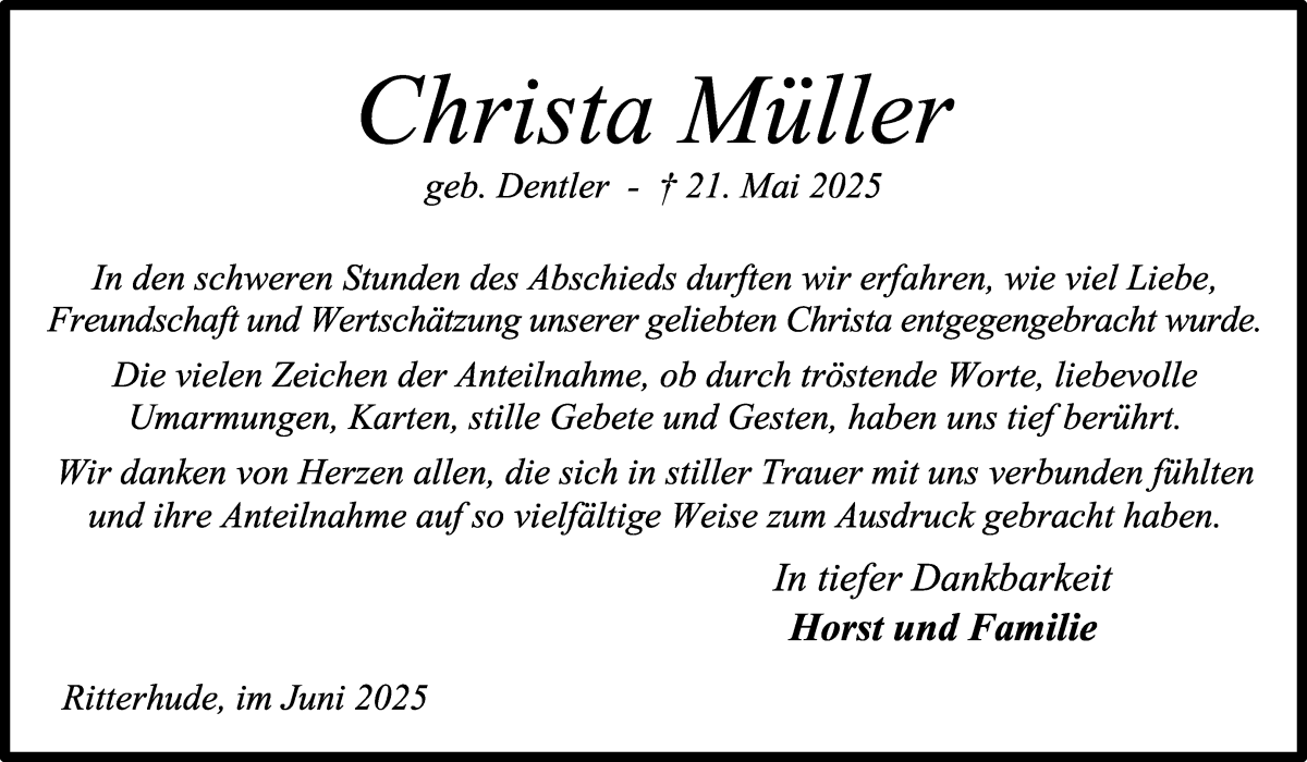 Traueranzeige von Christa Müller von WESER-KURIER