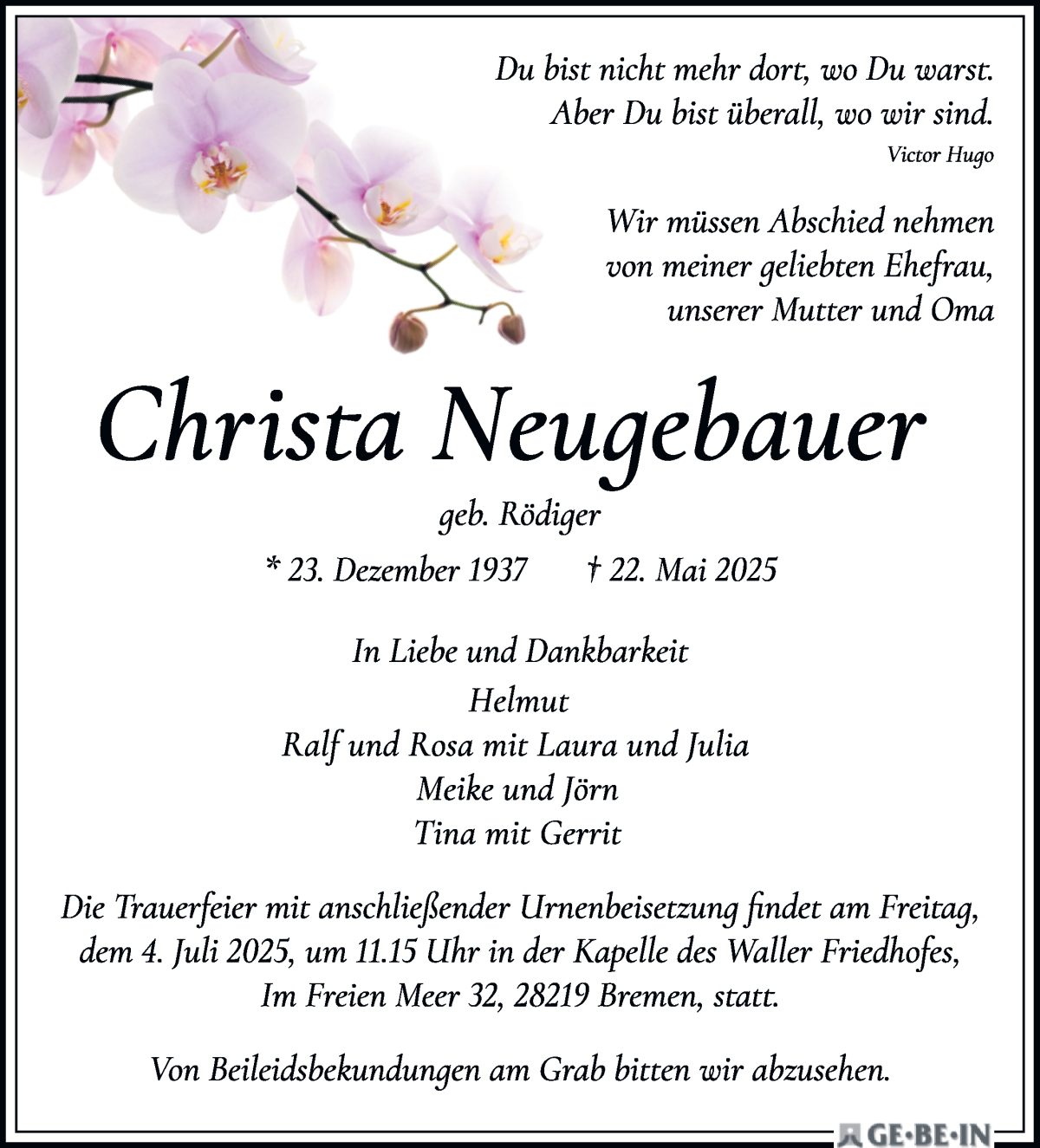 Traueranzeige von Christa Neugebauer von WESER-KURIER