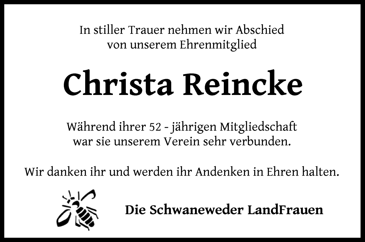 Traueranzeige von Christa Reincke von Die Norddeutsche
